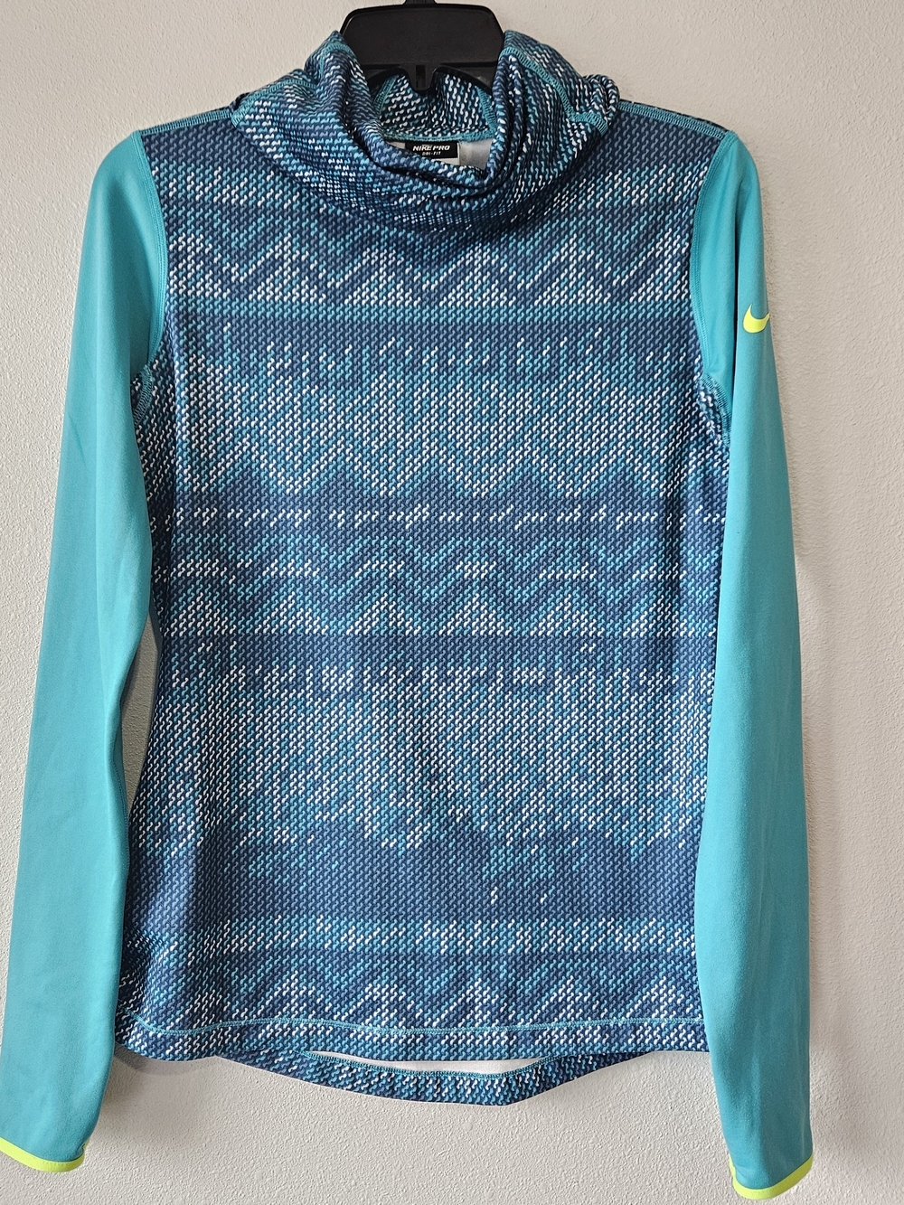 Nike PRO Women's Teal Blue Patterned Cowl Neck Sweater, Size Medium